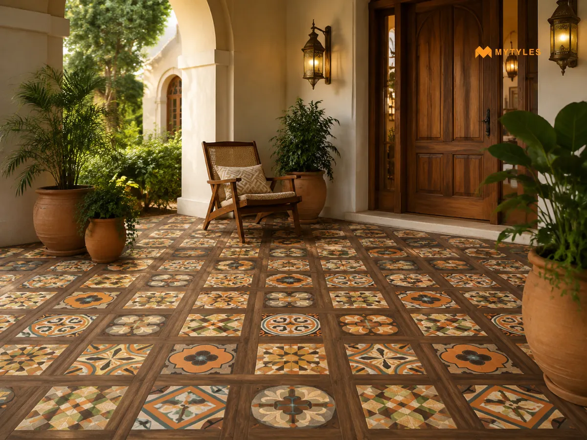 Brown Wood Parquet Tiles in Porch
